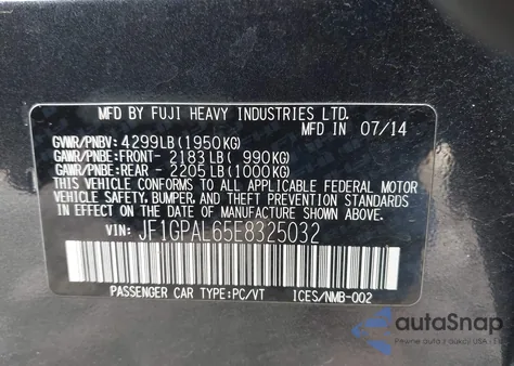 2014 Subaru Impreza 2.0I Sport Premium from USA, damaged, VIN JF1GPAL65E8325032